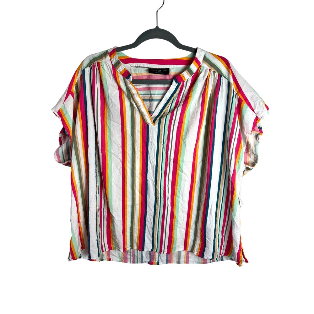 Lane Bryant Split Neck Striped Popover Top Size 18/20 Clip Dot Pattern Coastal